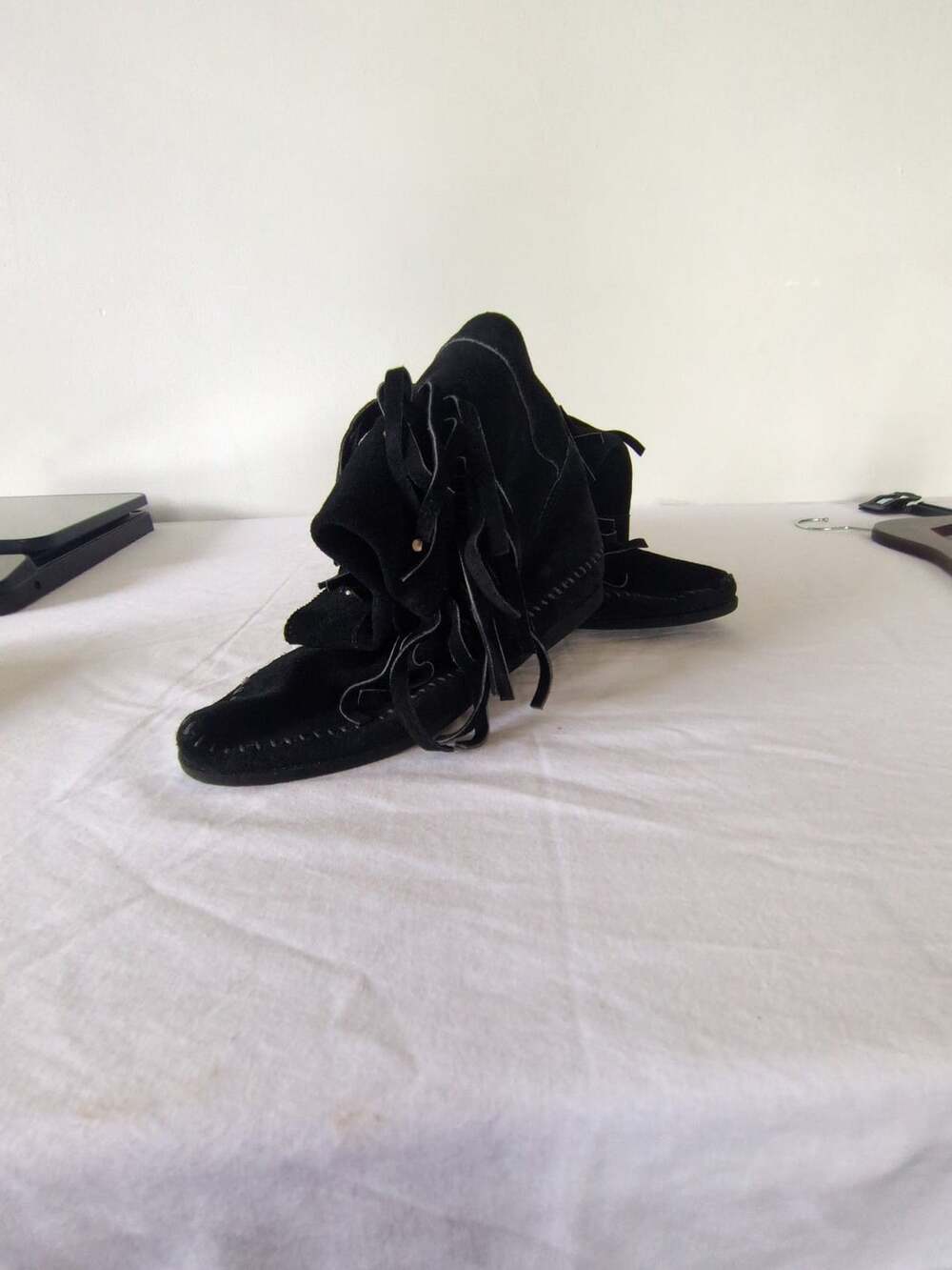 Minnetonka Two Button Boot Black Suede Fringe Moccasin Boots